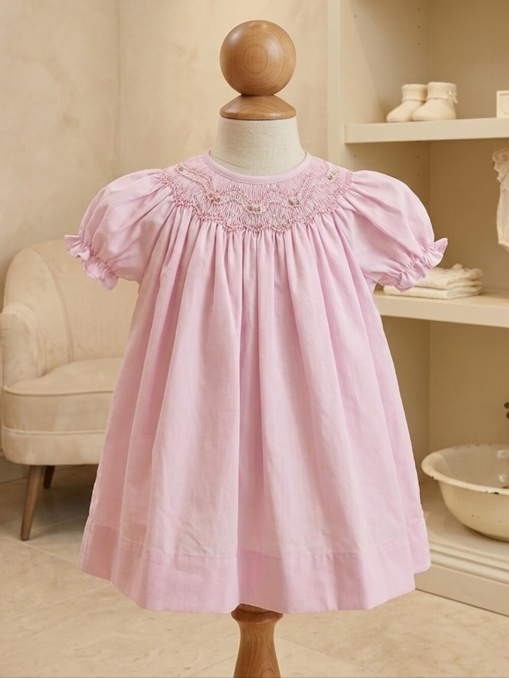 Petit Ami Pink Bishop Zig Zag Smocked Baby Heirloom Dress